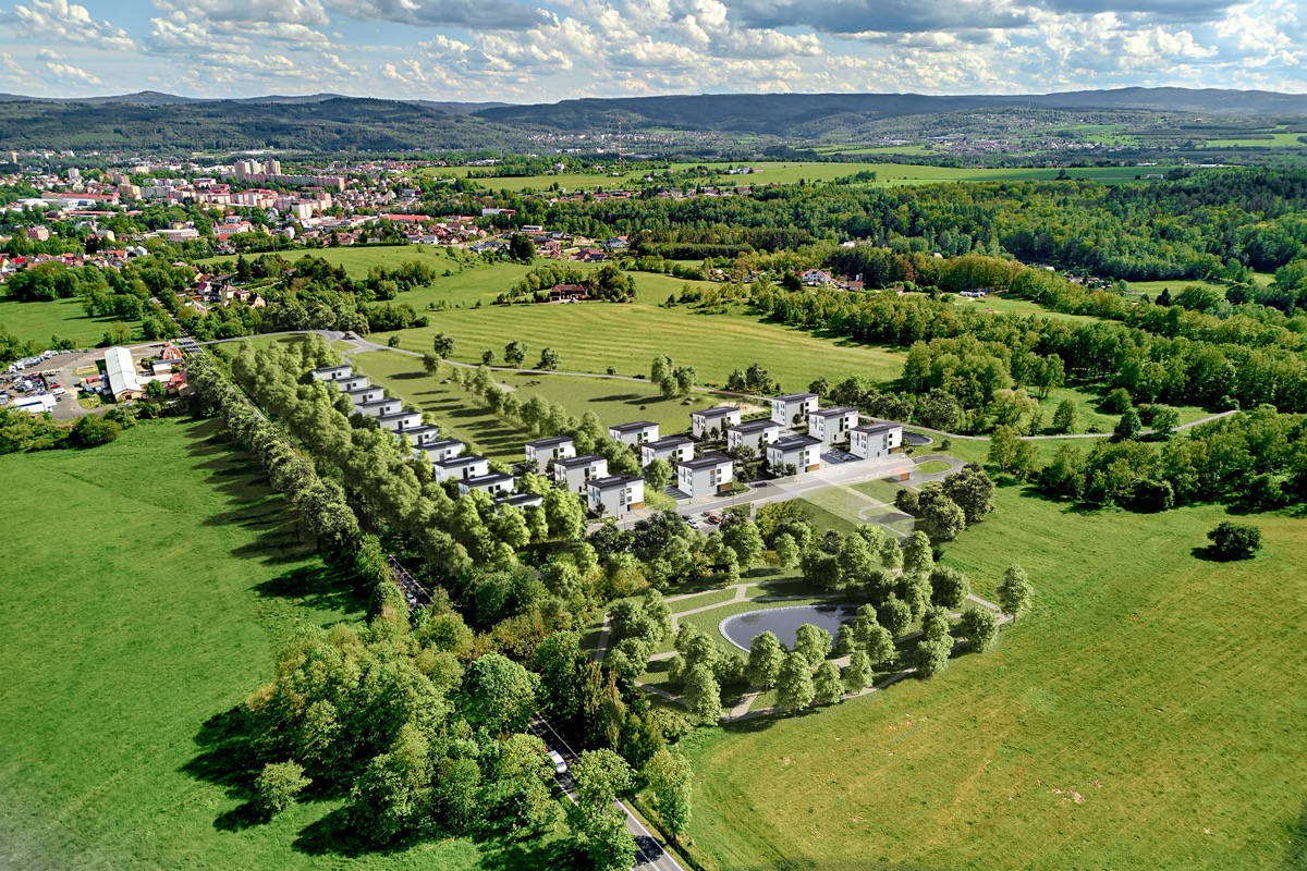 Vizualizace viladomů Resort Letná ve Staré Roli u Karlových Varů, pohled z výšky